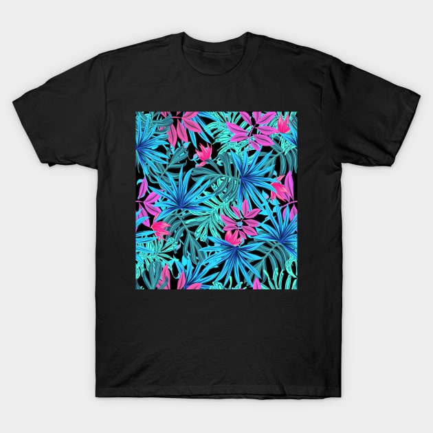 Pink and blue Tropical Palm Leaf Print T-Shirt by Mirnamar